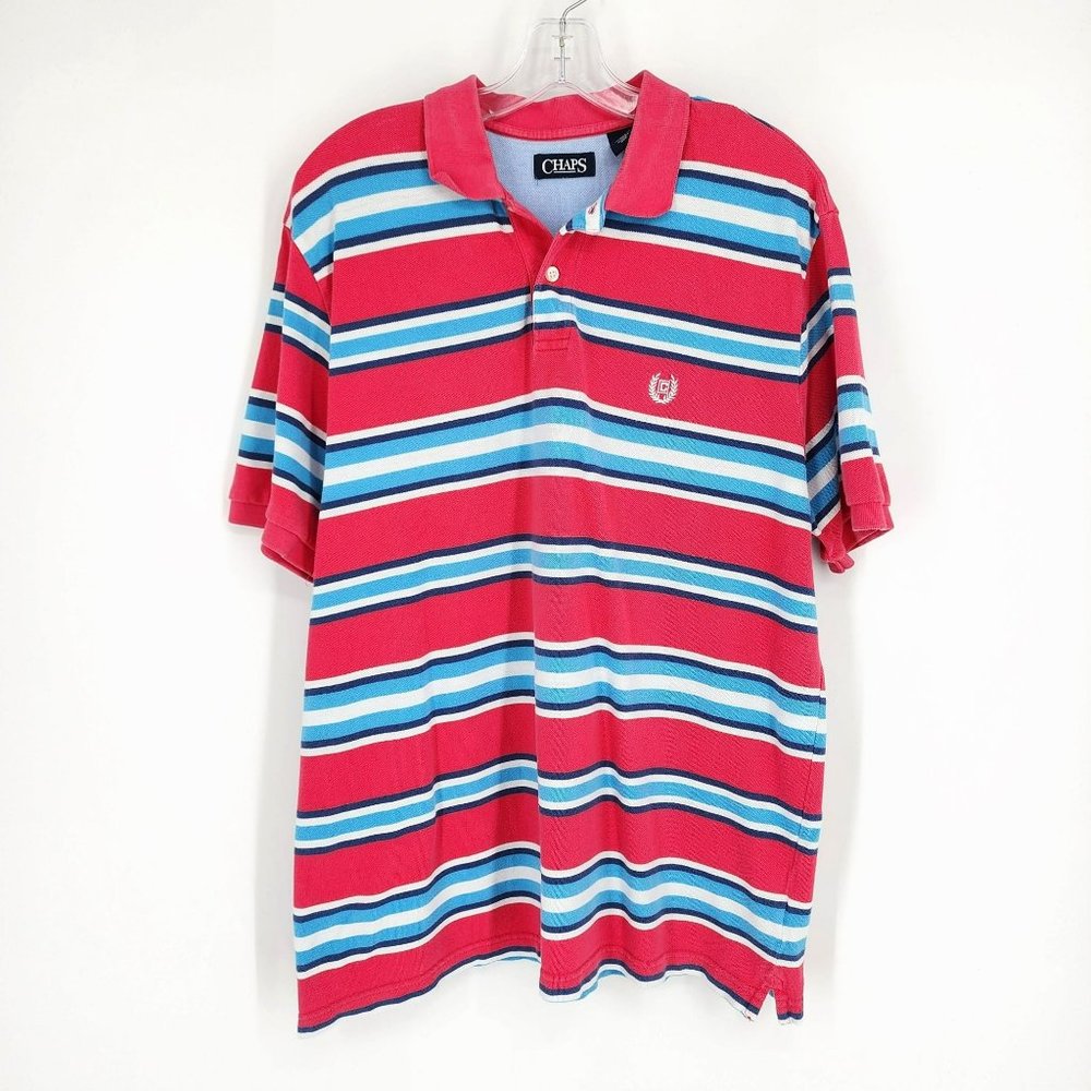 Chaps Polo Shirt L Pink Blue Navy White Striped 100% Cotton Collared Golf Casual